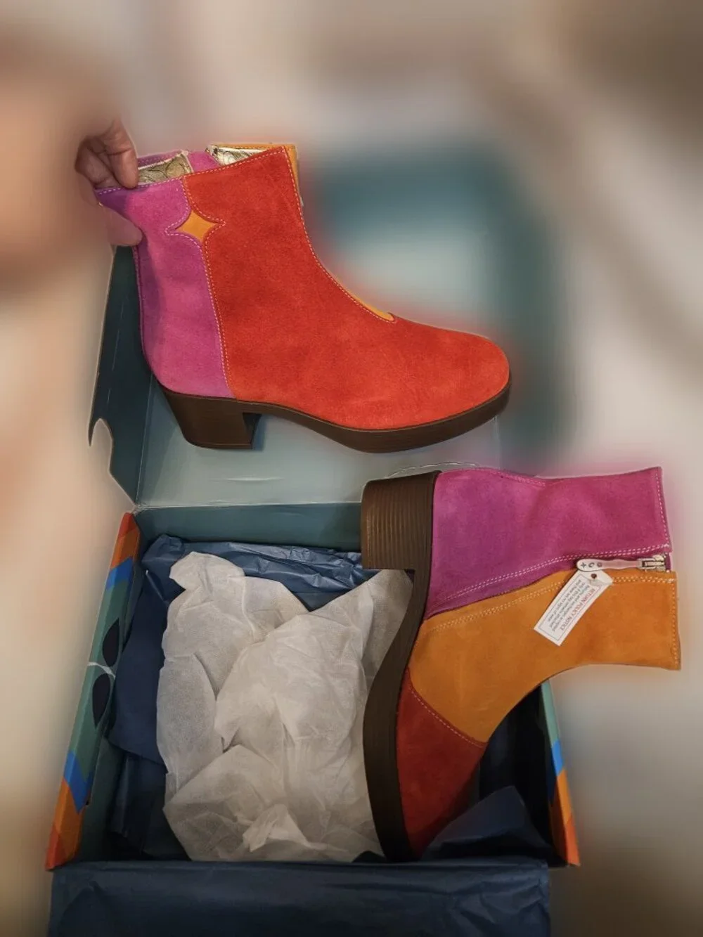 Lazo Luna Boots Womens 10.5 Color Block Suede Vanilla Scented NIB
